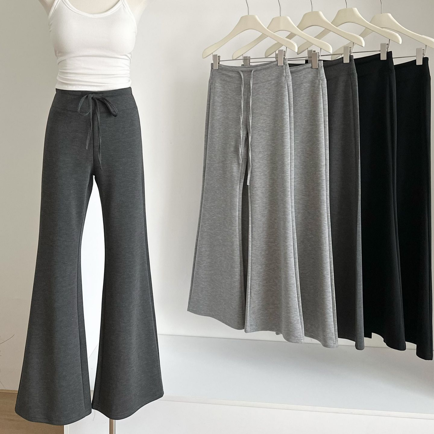 Real Shot of Lazy Style Drawstring Elastic Waist Micro-Flared Casual Pants for Women in Autumn and Winter New High-Waist Slim Trousers