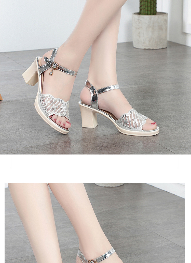 Sandal cao gót nữ hở mũi quai ngang đính đá rhinestone da thật — Màu đen chi tiết 8