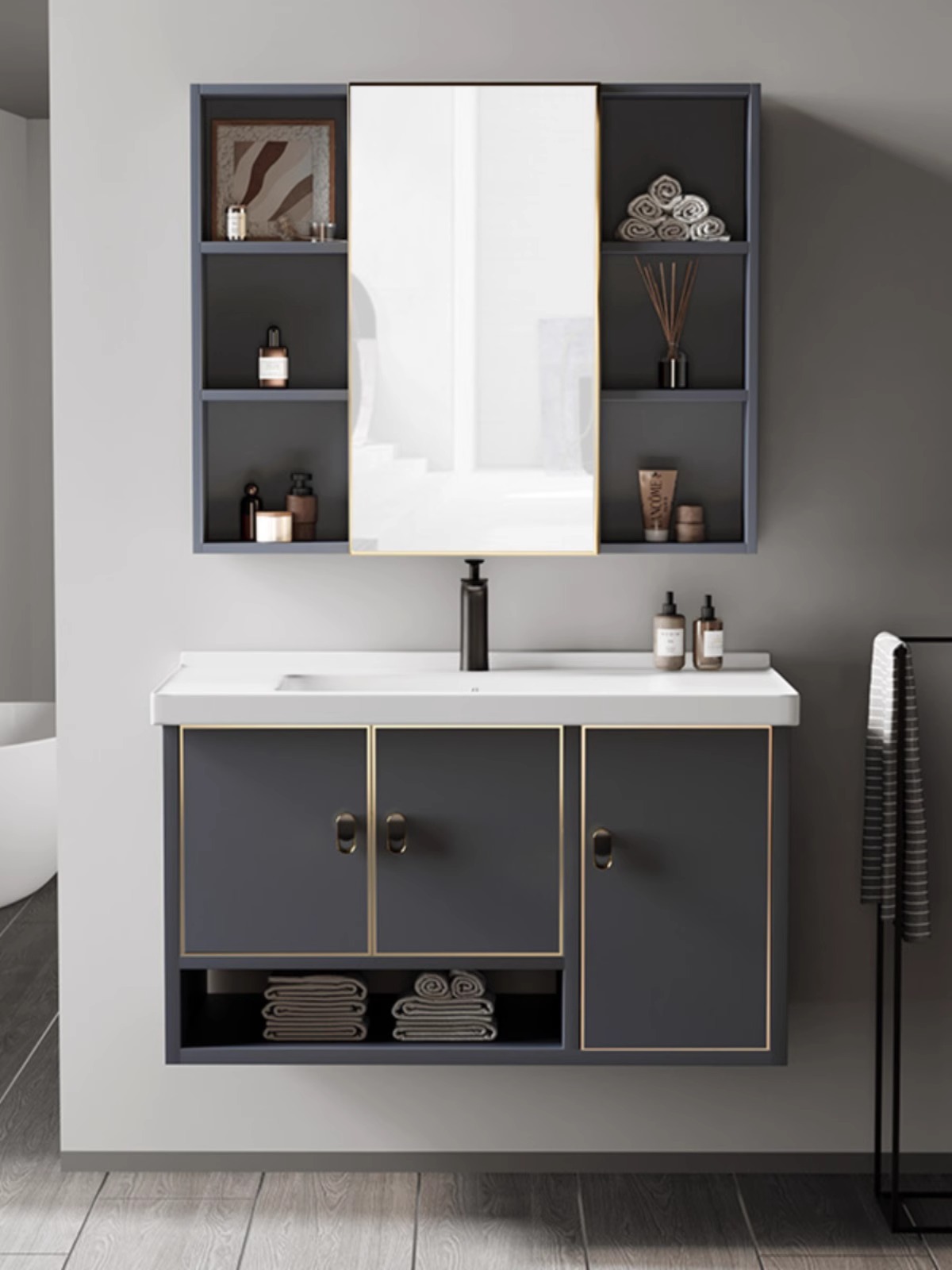 Gabinete de baño de aluminio de espacio de lujo ligero combinación de baño minimalista moderno pequeño apartamento Lavado de Manos lavabo combinación gabinete almacenamiento