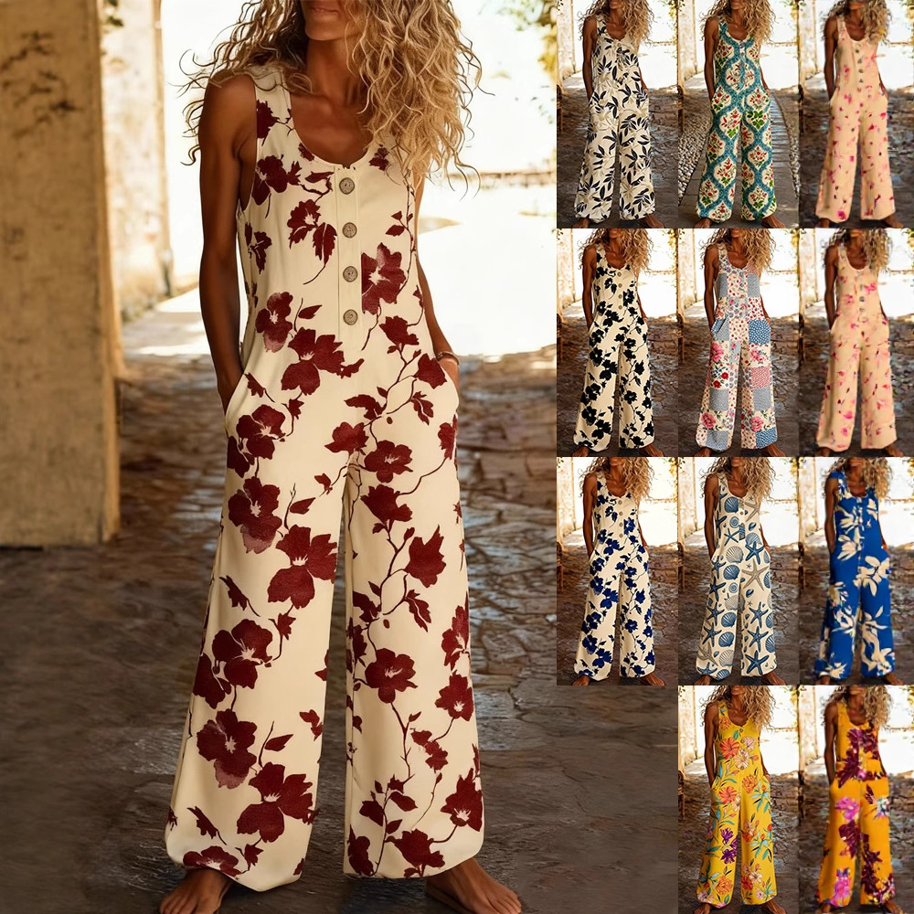 2025 Foreign Trade Cross-Border New Women's Clothing Casual Sleeveless Loose Pocket Overalls Women's Long Jumpsuit