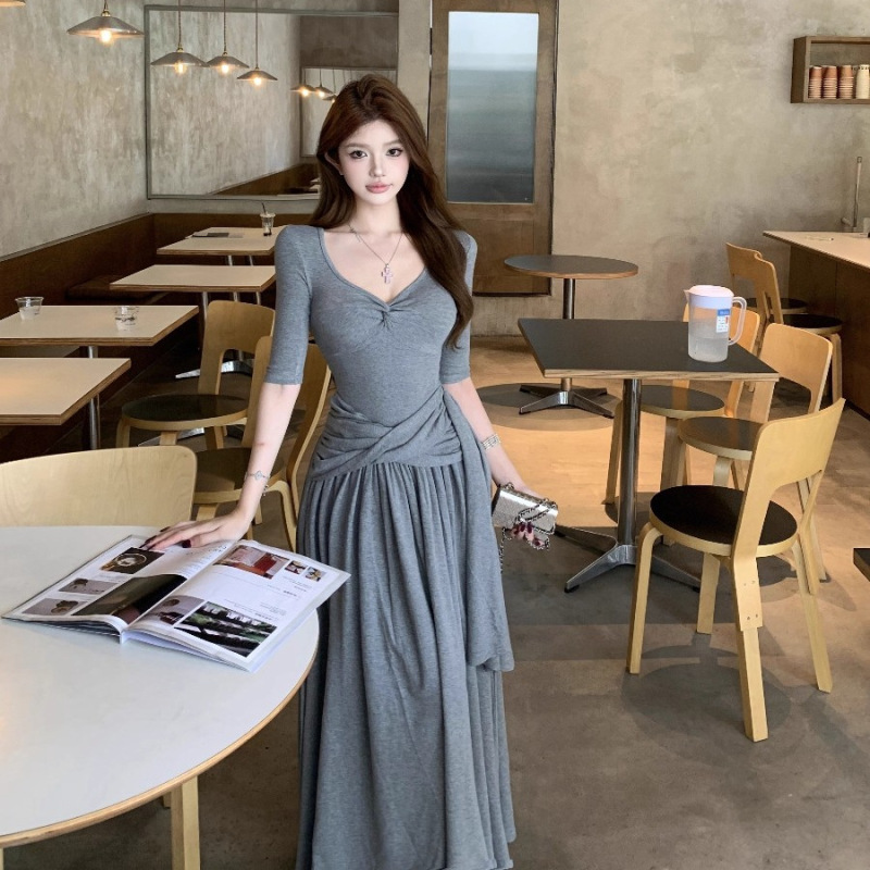 灰色扭结v领半袖连衣裙女夏季修身收腰休闲裙子设计感显瘦a字长裙|undefined