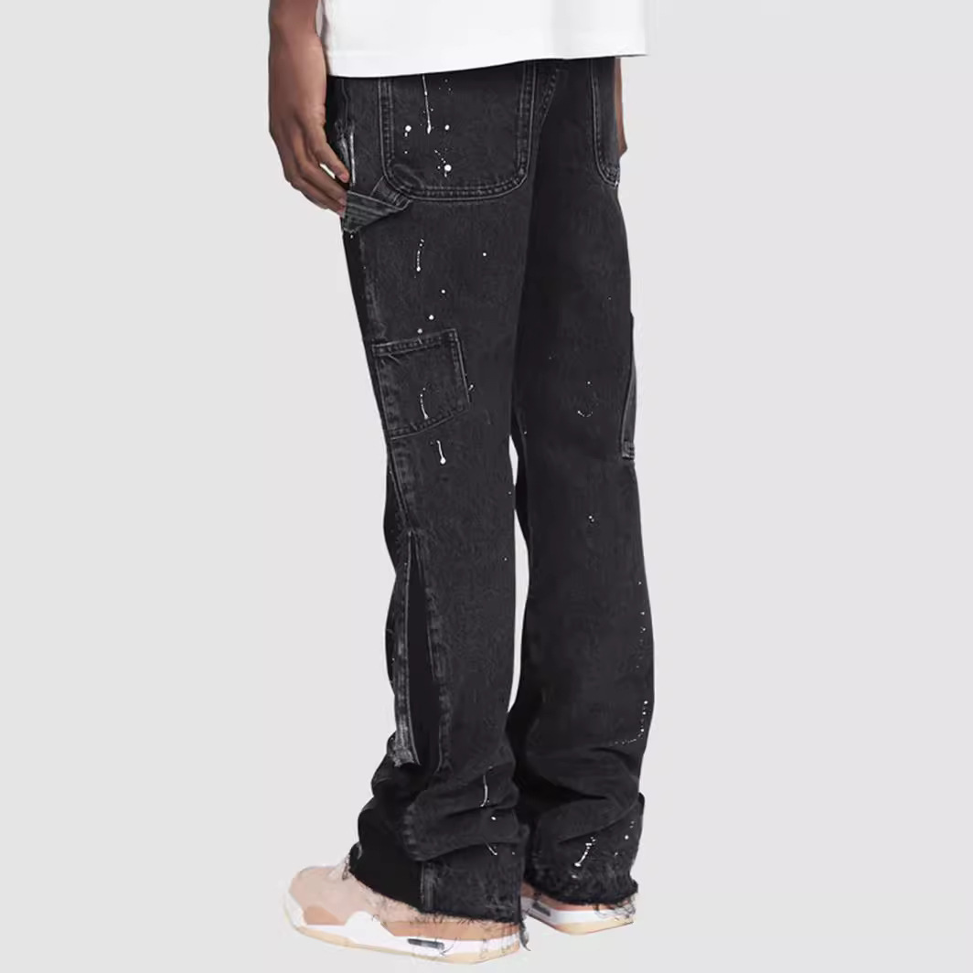 Men's Denim Overalls Fashion Elastic Patch Flared Jeans_voghion.com