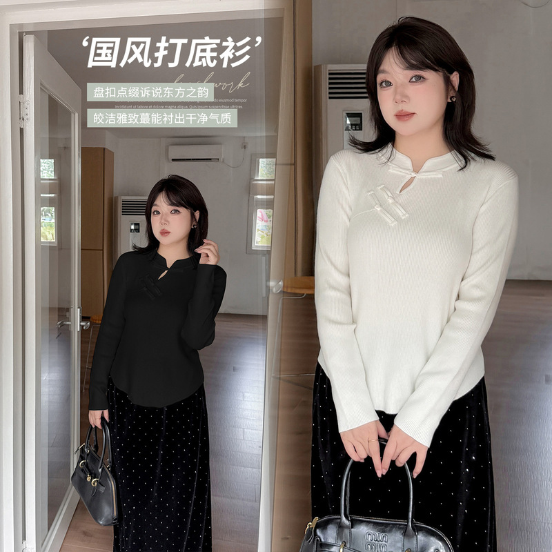 Inno Plus-Size Women's Fitted Base Shirt Autumn and Winter Chinese Style Buttoned Silk Wool Knitwear 333353