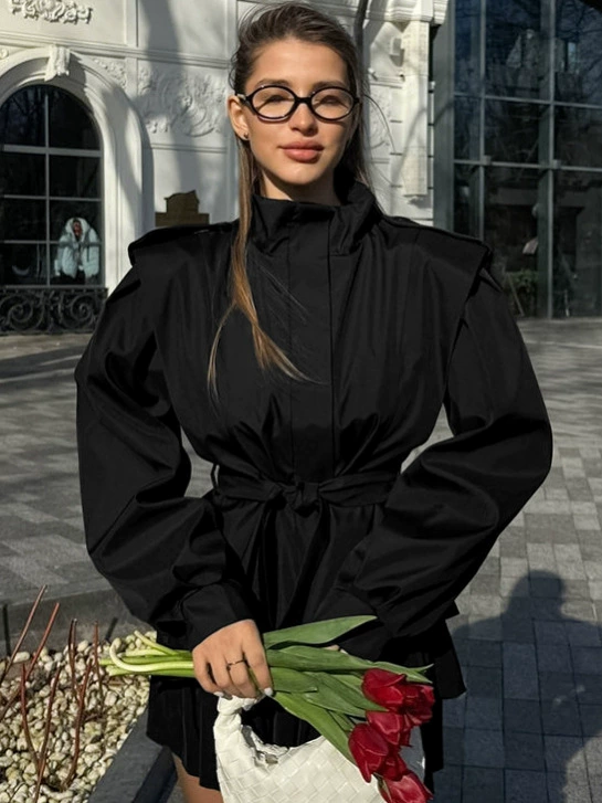 Комплект полуприлегающей демисезонной одежды с длинным рукавом, плащ, куртка, французский стиль, тренд сезона, свободный крой