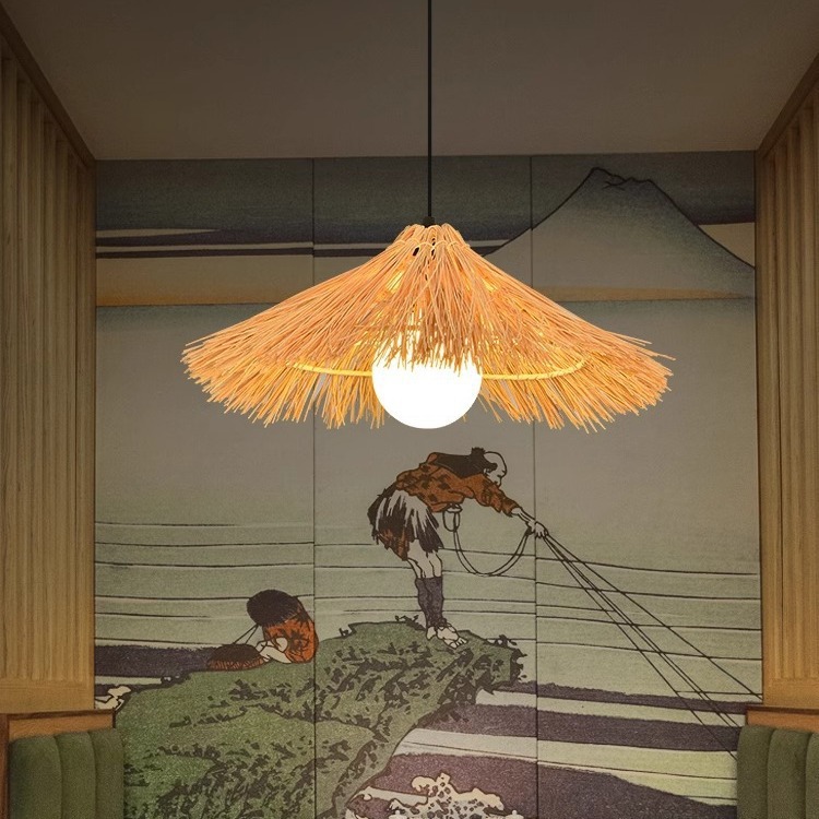 Lámpara de sombrero de paja japonesa lámpara de caña Hotel restaurante Residencia nueva lámpara de caña Zen chino lámpara de bambú lámpara de trenzado