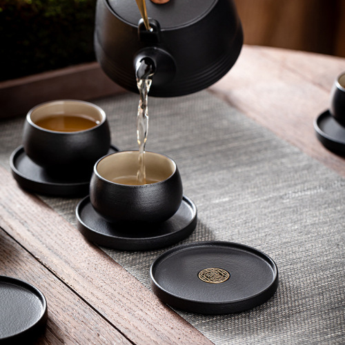 Creative Coarse Ceramic Tea Coasters in Black Terracotta — Heat-Resistant Tea Cup Holders for Home Use, Wholesale Kung Fu Tea Set & Tea Ceremony Accessories