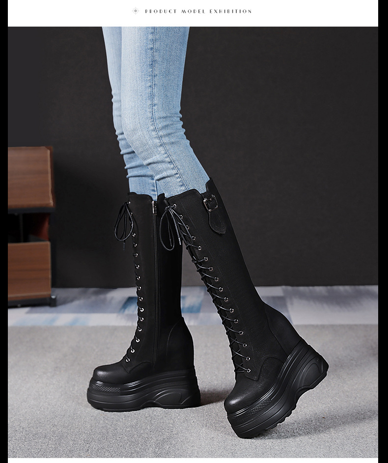 Boot Martin nữ tăng chiều cao đế dày 14 cm, phong cách thu đông — Màu đen lót nhung chi tiết 7