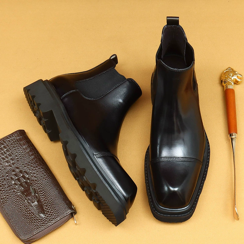 [На мероприятии] Зимние ботинки Челси мужские ботинки помогают британским кожаным толстым подошвам увеличить кожаные ботинки