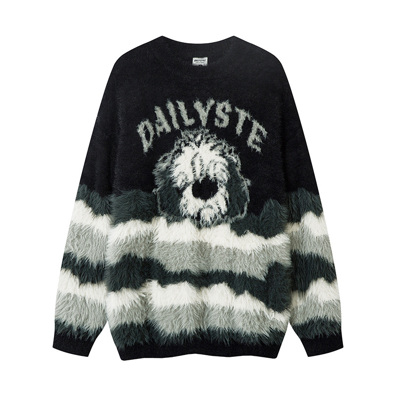 Men's Clothing Dopamine Design Color-matching Bear Jacquard Loose Crewneck Sweater Trendy Brand New Mink Sweater for Men and Women_voghion.com