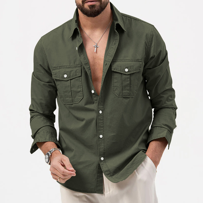 Men's Casual Long Sleeved Shirt Multi-pocket Button-down Top_voghion.com
