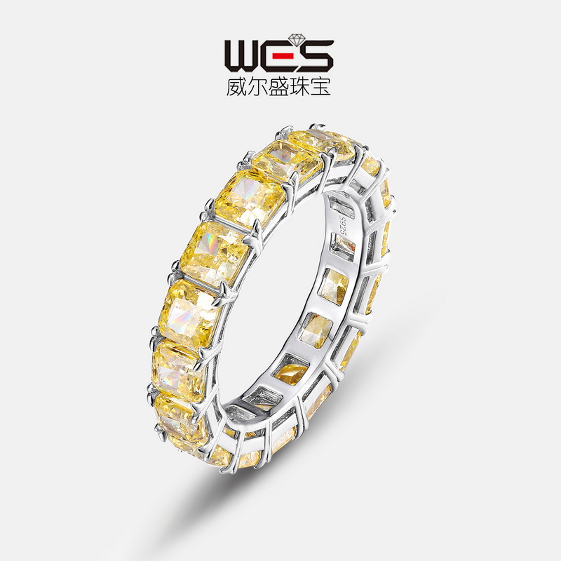 Wilsheng joyería nuevo europeo y americano anillo de fila de lujo S925 plata grasa cuadrada ganso amarillo Diamante de alto carbono simple anillo de las mujeres