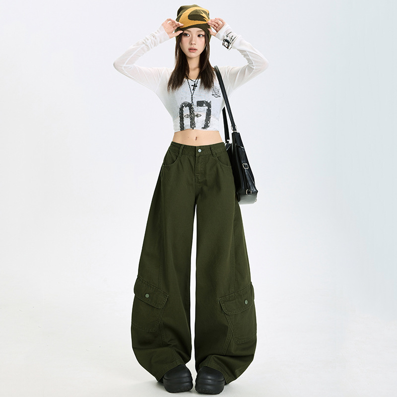 美式街头宽松阔腿裤女2025秋季慵懒风工装裤高腰休闲镰刀弯刀裤|undefined