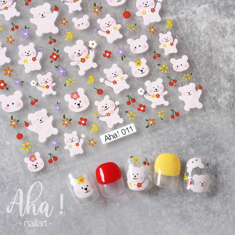 Aha Nail Glue Sticker New ins Style Cartoon Summer Painted Bear Flower Nail Decorative Decal