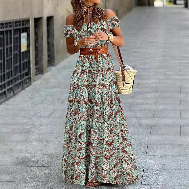 Amazon European and American Foreign Trade Printed One-Shoulder Princess Sleeve High-Waist Design A-Line Dress for Women, Elegant and Suitable for Work
