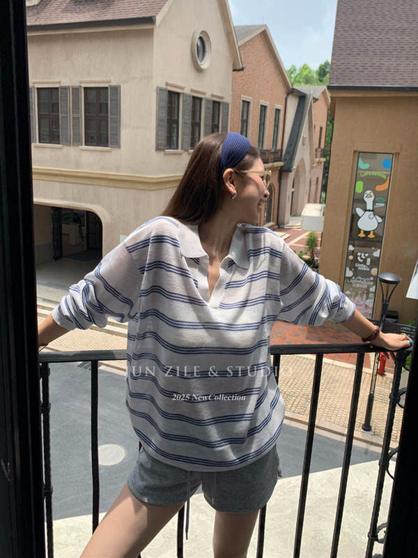 慵懒风上衣早秋韩系松弛感宽松休闲显瘦长袖T恤条纹翻领polo衫女|undefined