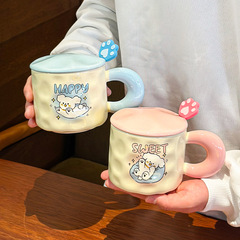 かわいい高颜値子犬陶磁器カップ蓋付きスプーン付き子供マグカップコップ女性カップルカップ誕生日プレゼント
