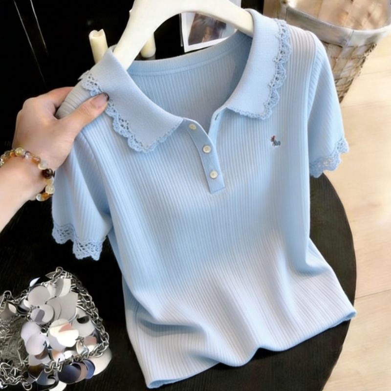 Fashionable and High-End Lace Splicing Short-Sleeved Knitwear for Women 2026 Summer New Korean Style Gentle and Age-Reducing T-Shirt for Women
