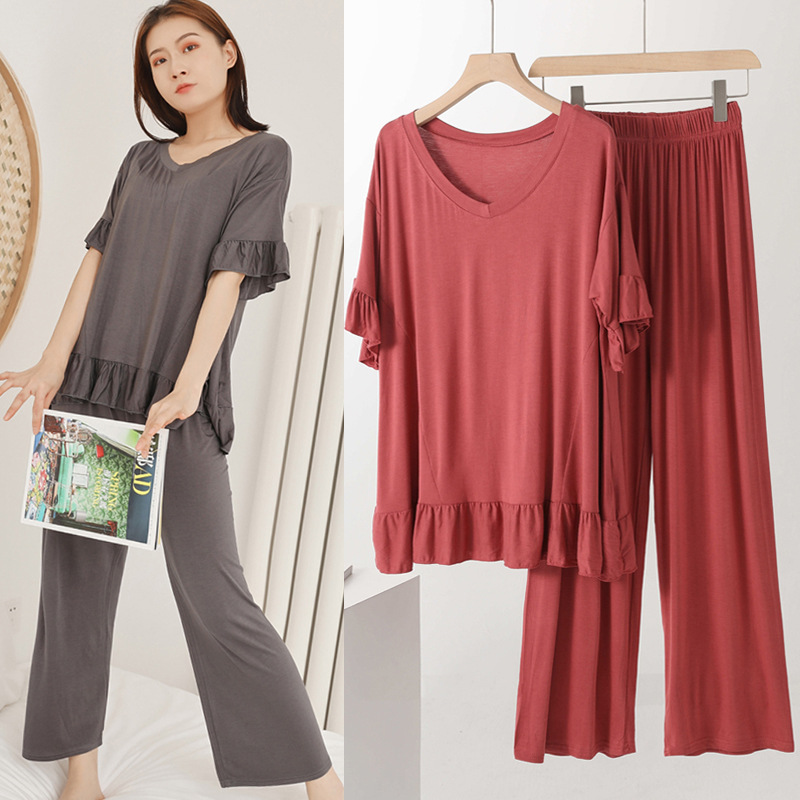 modal Lotus sleeve pajamas summer Korean Edition Short sleeved T-shirt Wide leg pants mm Easy Large Home service package