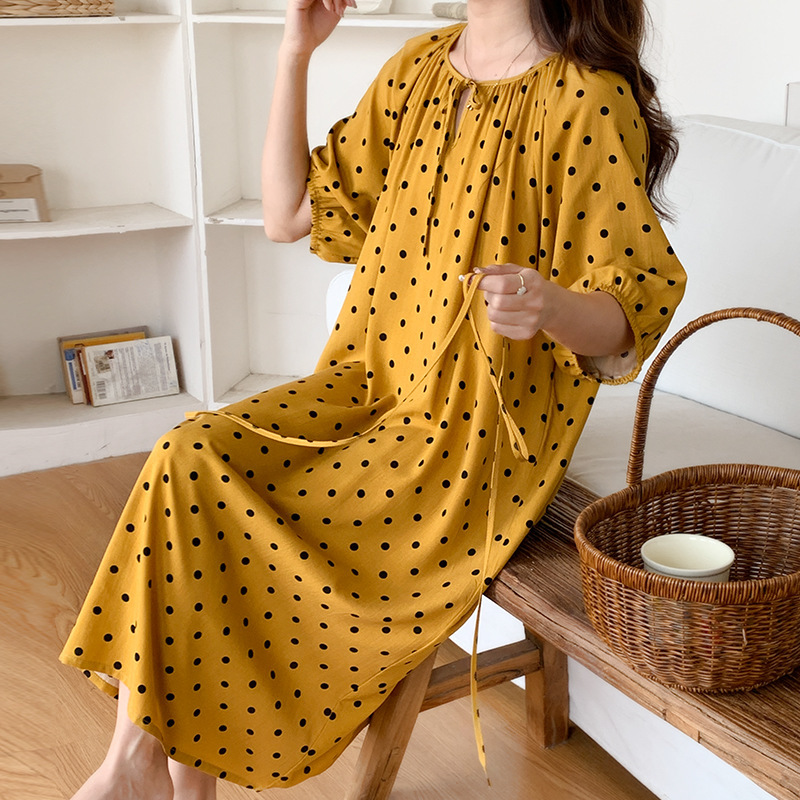 2026 New Summer Cotton Silk Nightgown with Belt, Loose Fit, Made of Artificial Cotton, Suitable for Home and Outings
