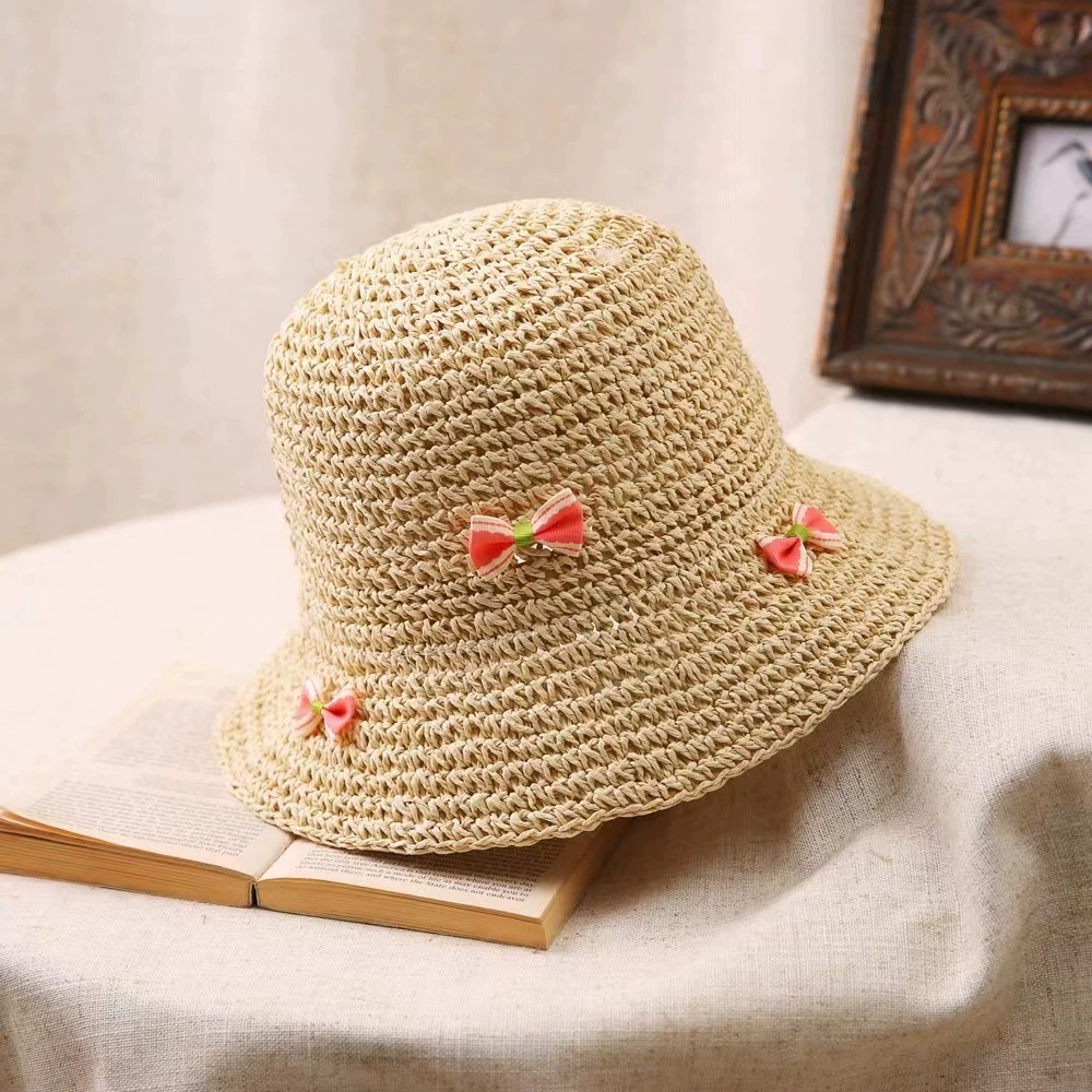 Соломенная летняя панама: защита от солнца, корейский стиль, 56–58 см; Cherry-beige, Cherry-khaki, с бантом beige/khaki