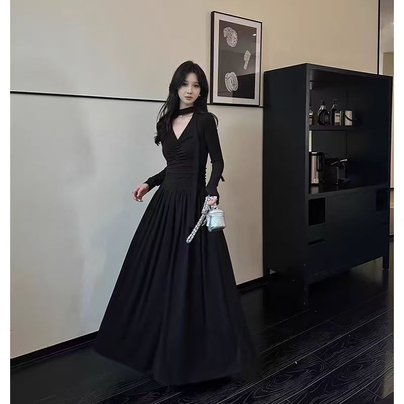 Korean-style Hepburn style pleated ribbon design long sleeve dress spring and autumn temperament high-grade slim-fit slim-fit Z long dress