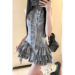 甜辣妹花邊格紋背心連衣裙女夏季設計感短裙收腰顯瘦蓬蓬蛋糕裙子