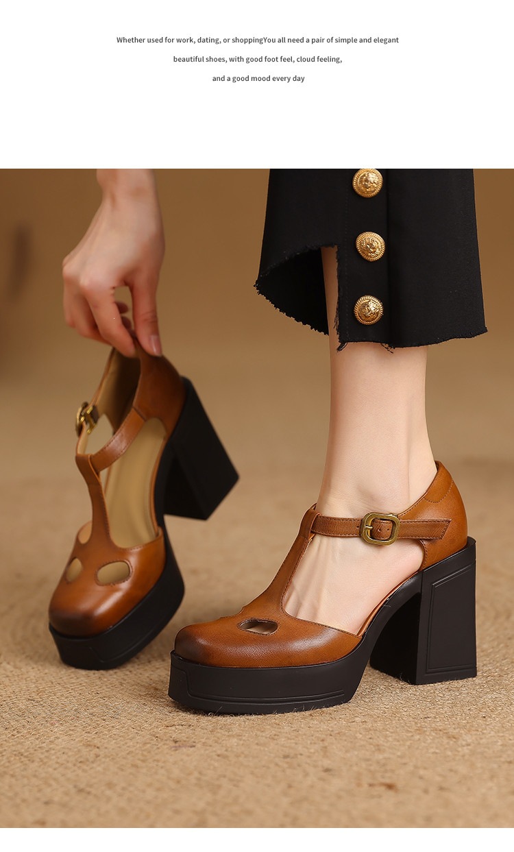 Sandal nữ đế xuồng platform gót vuông phong cách vintage khóa kim loại — màu nâu, màu đen chi tiết 9