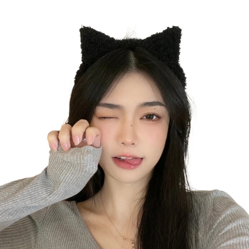 女性用のかわいい洗顔ヘッドバンド、ぬいぐるみ猫耳、顔が小さく見える、年齢を減らすヘアバンド、秋冬の黒猫ヘアピン|undefined