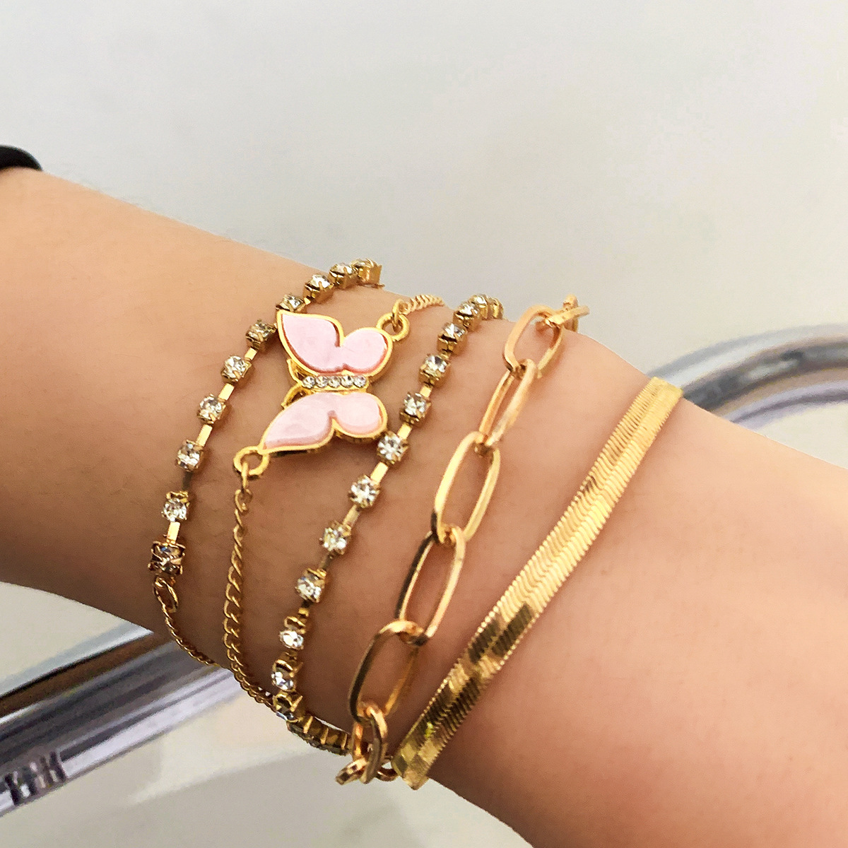 Bijoux en métal style punk avec ensemble complet de diamants et chaîne à griffes, bracelet à paillettes en os de serpent et papillon_voghion.com