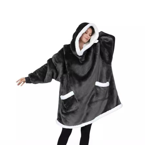 Women's Double Pockets Lazy Sleepwear Warm Coat with Lamb Wool TV Blanket Hugging Hooded Sweatshirt TV Manufacturer's Cold-Proof Clothing