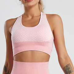 European and American seamless quick-dry sport compression mesh fitness top with breathable strap and built-in bra for yoga and exercise.