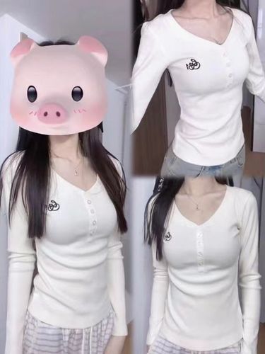 A V-neck buttonhole embroidery long-sleeved T-shirt for women, base layer top, slimming and flattering, suitable for stylish women - 260g Modal