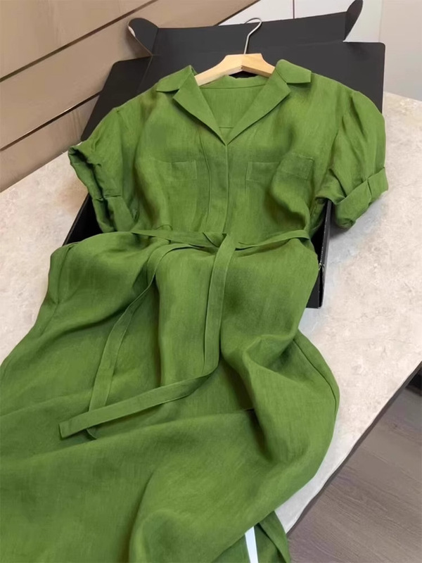 现货 法式复古简单大方的绿色亚麻衬衫连衣裙女2025夏季新款长裙|undefined