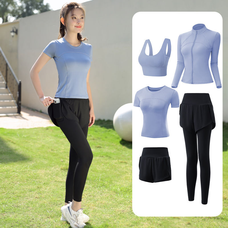 Trajes de yoga para mujeres de verano para correr ropa deportiva suelta rápida ropa seca bolsillo para correr trajes de mujeres de la mañana para correr comercio exterior