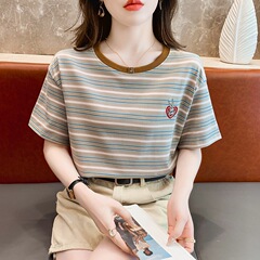 棉质短袖设计感小众女夏季女装2025宽松条纹刺绣百搭半袖t恤上衣