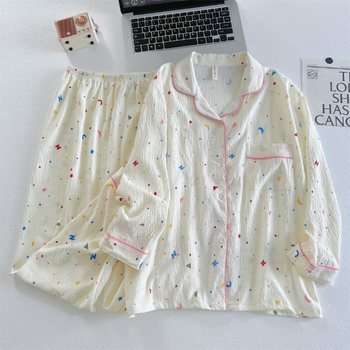Pijamas al por mayor transfronterizos para mujer traje de algodón de nube de manga larga de otoño de dibujos animados lindo cárdigan de alta gama solapa servicio a domicilio