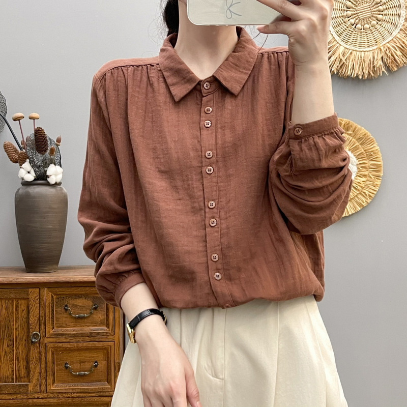 6602简约纯色双层棉纱长袖衬衣女 2025春秋新款休闲显瘦上衣 批发|undefined