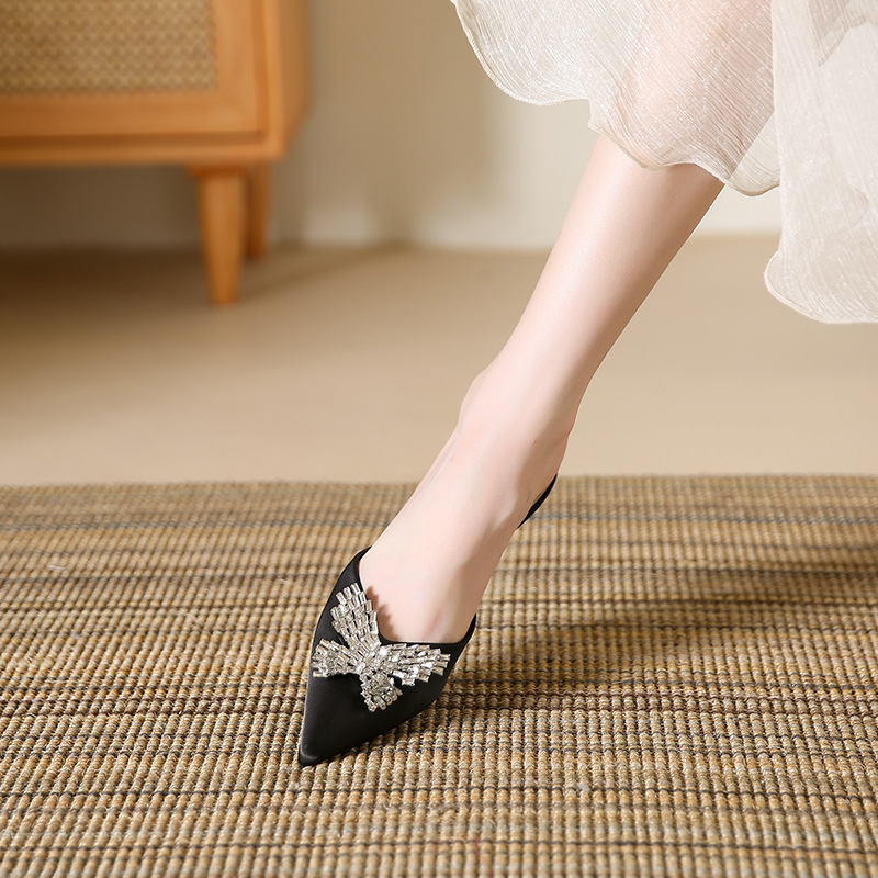 2023 Summer New Pointed Toe Stiletto Sandals Women's Shoes Rhinestone Baotou slippers high-heeled women's sandals and slippers half drag_voghion.com