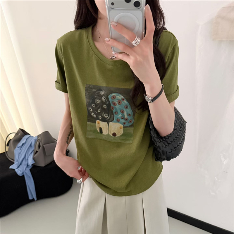 021 Summer New Korean Style Casual Round Neck Women's Thin Cotton T-Shirt with Mushroom Print, Women's T-Shirt Base Layer 021 Summer New Korean Style Casual Round Neck Women's Thin Cotton T-Shirt with Mushroom Print, Women's T-Shirt Base Layer