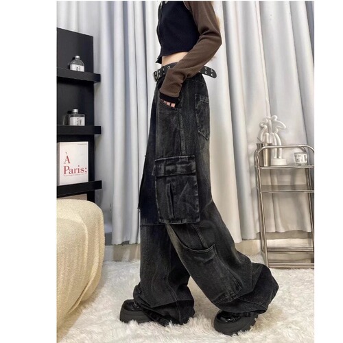 American High Street Design Style Workwear Jeans for Women Spring and Autumn Vintage High-Waist Straight Leg Loose Flowy Wide Leg Pants