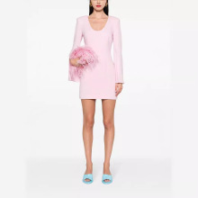 春夏新款 气质U领开叉长袖修身中长款女纯色OL通勤连衣裙