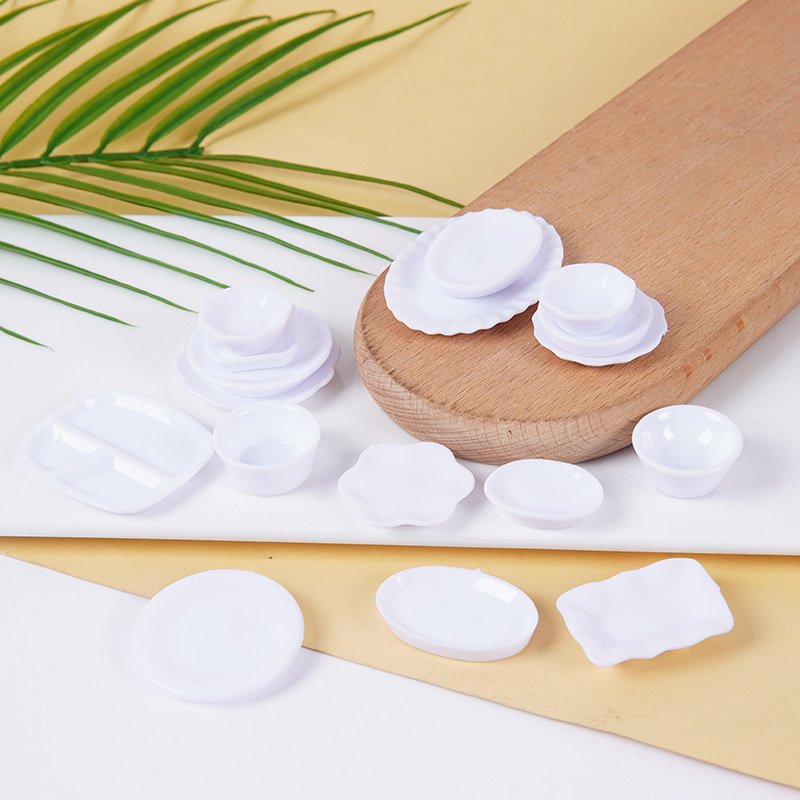 Plato pequeño de plástico blanco simulado para comida, mini plato de comida rápida, plato para bricolaje, juguete de comida, contenedor para pegamento en crema, accesorios.