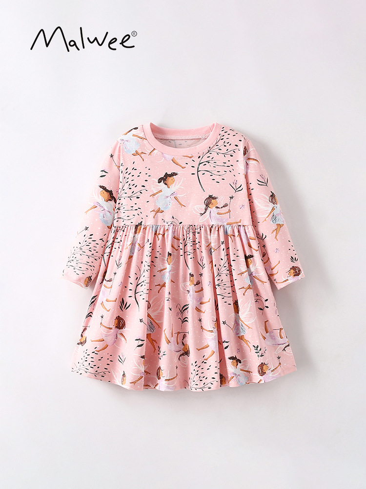 Malwee vestidos de niñas de otoño nuevo estilo europeo y americano de niños de mediano tamaño impresión de aire extranjero vestido de mangas largas para niños