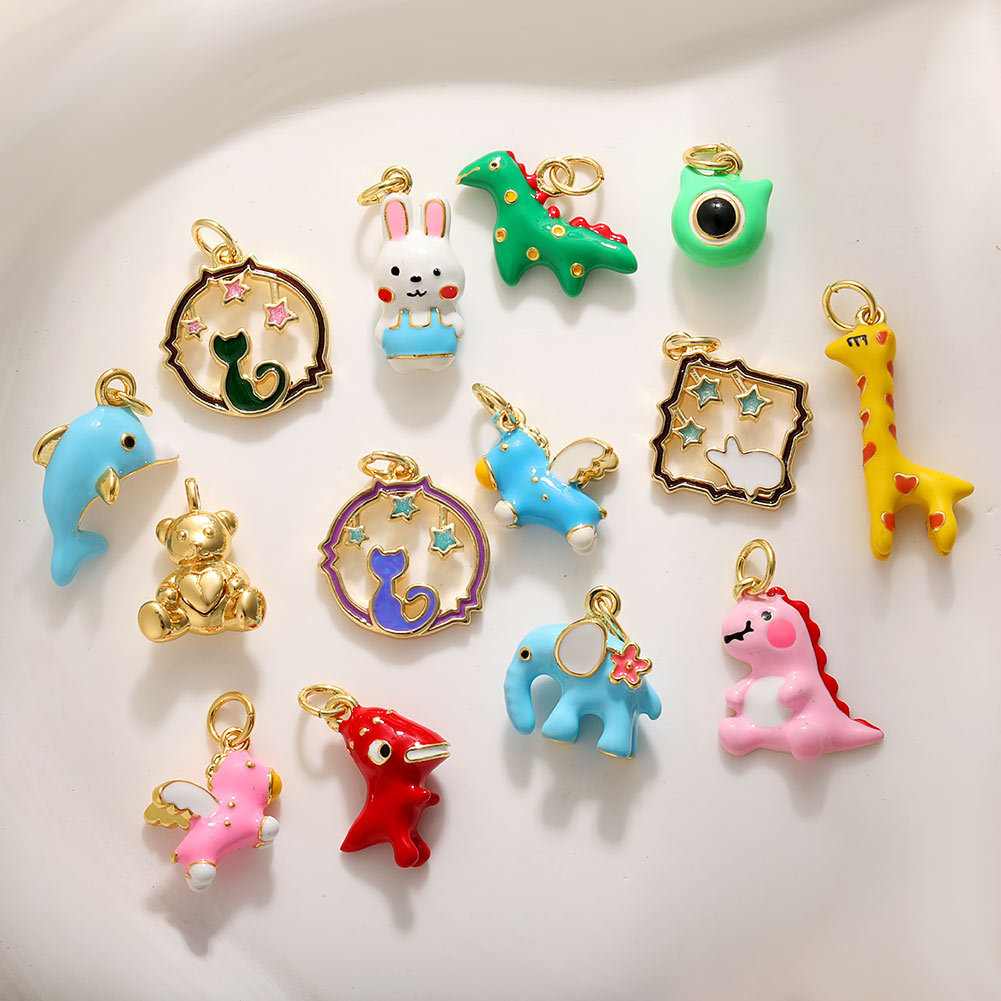 3g Weight Pendant Jewelry Making Type Charms Classification 1 Piece Quantity Copper Material Dinosaur, Cat Pattern All Seasons Season Polished Finish Enamel Design Cute Style 1 Piece Copper Dinosaur  Cat Polished Pendant Charms 无