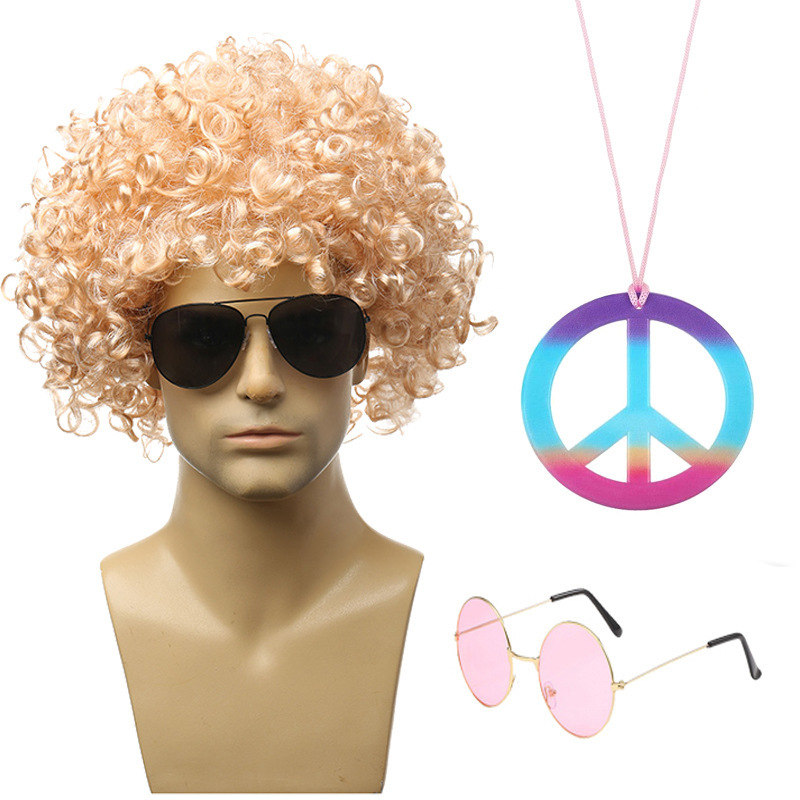 4 Pieces Hippie Wig Men's 60S and 70S African Wig Rock Punk Women's Party Role Play