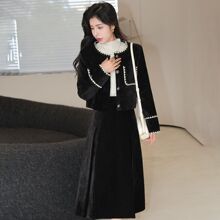 棉美界高级感小香风套装裙两件套女春秋黑色短款上