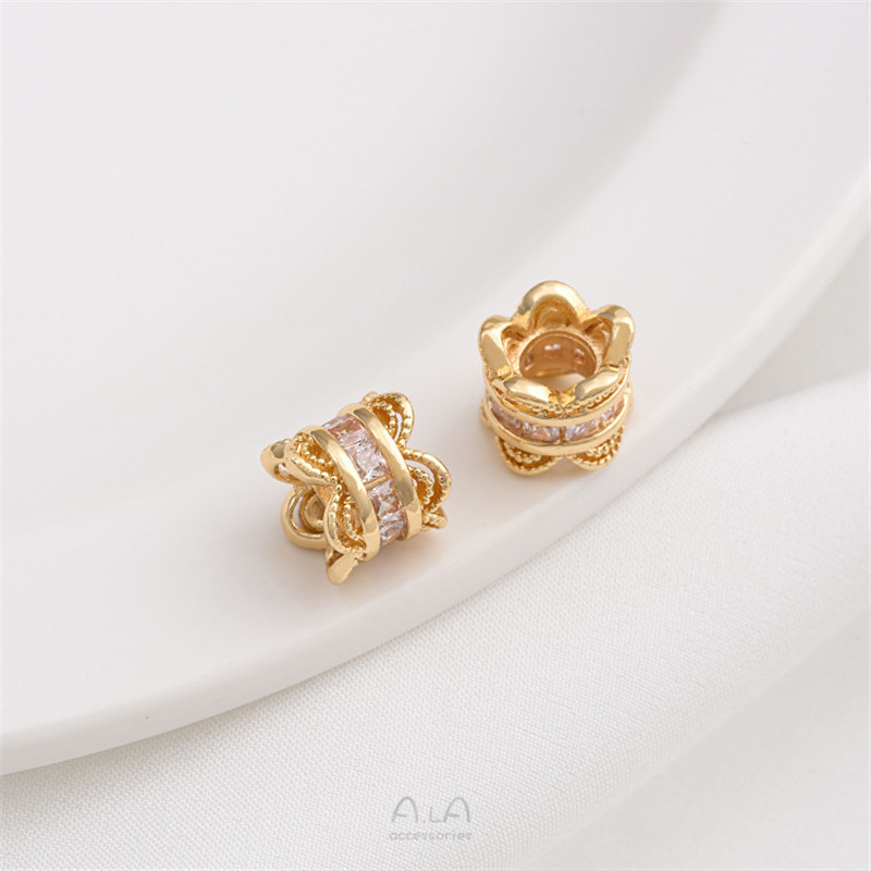 強保色14k包金入れジルコン大穴隔珠路通レース両面花托クラウンdiyビーズ部品|undefined