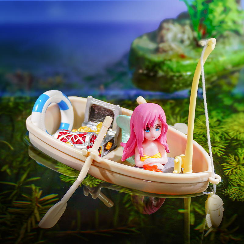 Decoración de paisajismo interesante, acuario, agua, anillo de natación, pesca, barco de pesca, modelo de paisajismo de acuario, barco de plástico flotante