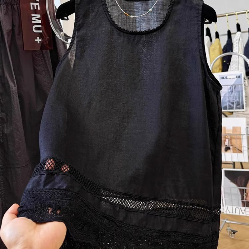 女性の夏のアウターウェアのためのハイエンドのレースの綿ラウンドネックベストシャツ薄いノースリーブベストシャツトップ|undefined