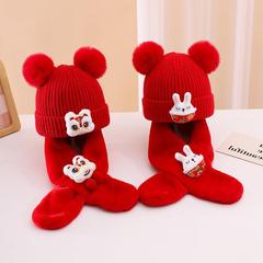 兒童帽子冬季嬰兒圍巾兩件套過年大紅色喜慶針織帽中國風醒獅毛線